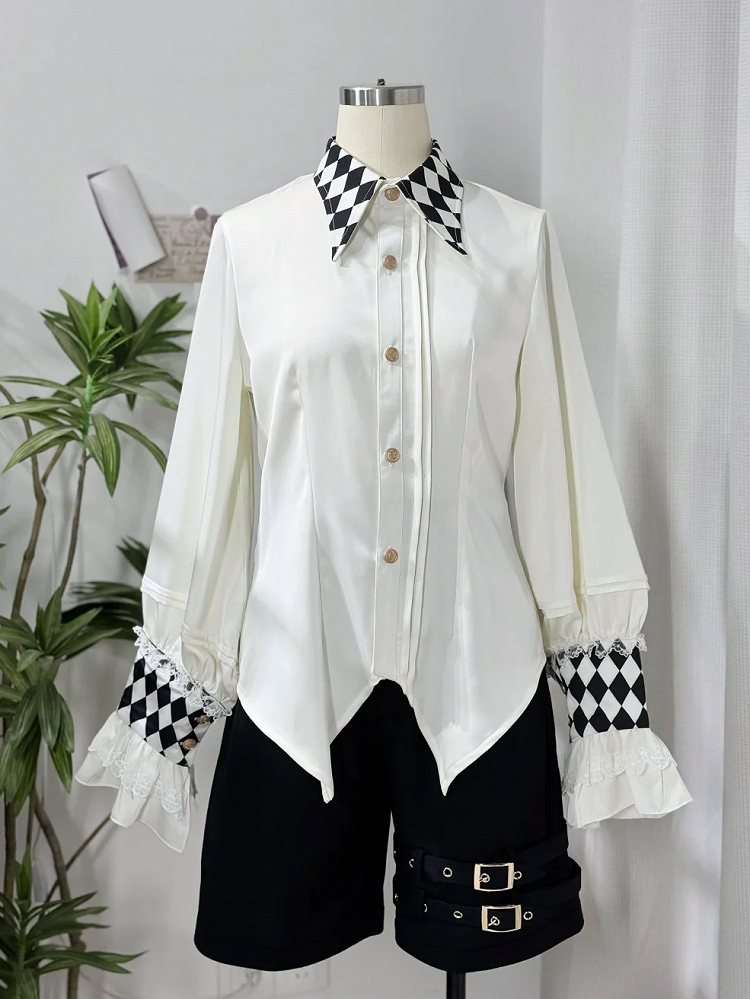 Vibes White Shirt Ouji Circus Long Collar Checkerboard Cuffs Sleeves and Print Lolita