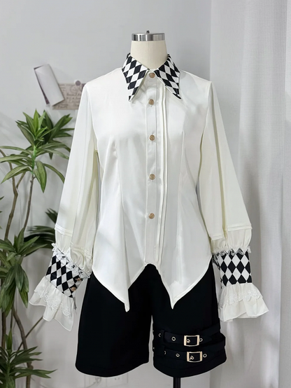 Vibes White Shirt Ouji Circus Long Collar Checkerboard Cuffs Sleeves and Print Lolita