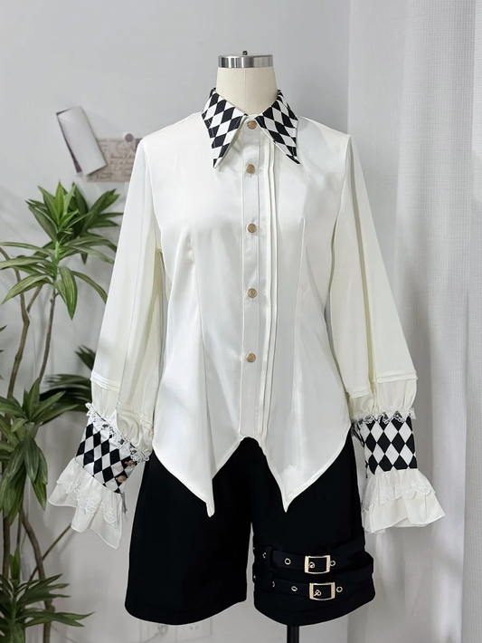 Vibes White Shirt Ouji Circus Long Collar Checkerboard Cuffs Sleeves and Print Lolita