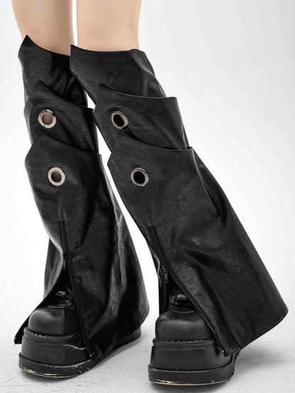 Gothic Black Armor Techwear PU Zips Leg Warmers