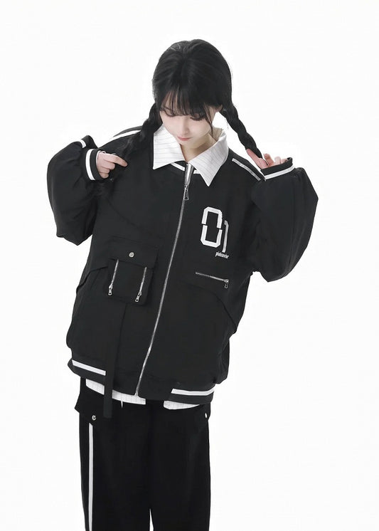 Black Zip Closure Preppy Style Cropped Baseball Jacket