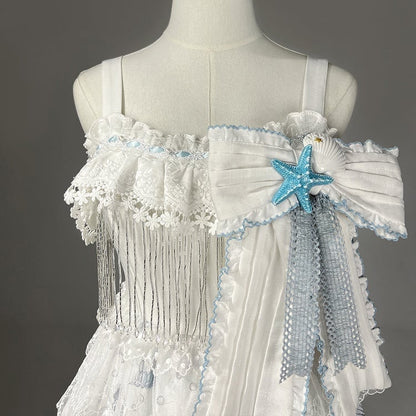 Blue Lolita White Sea Print Shell Dress and Starfish