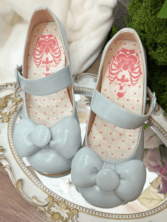 Toe Baby Heels Heart Round Shoes Bow - Lolita Buckle Low at Sweet Blue Top