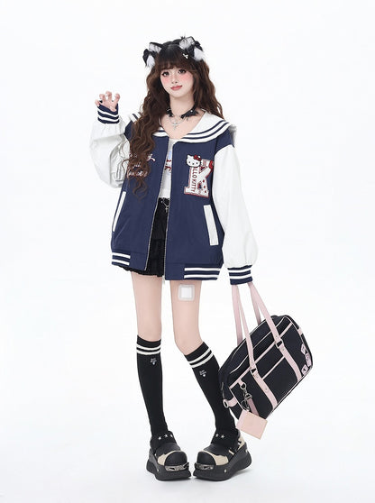 Marineblau/graue Baseballjacke mit Matrosenkragen und Kätzchenstickerei