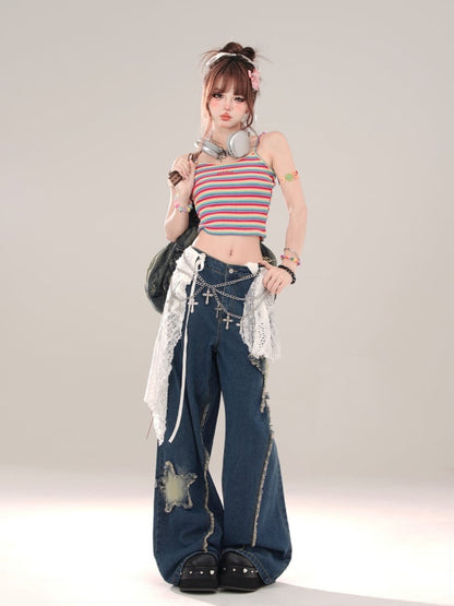 Blue Raw Edge Star Wide Leg Jeans