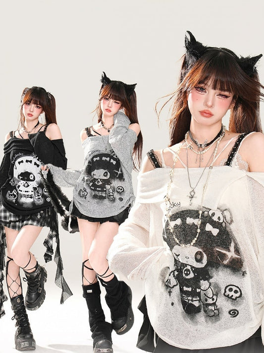 Rebellious Witch Black/White/Gray Neckline Sun Off-the-shoulder Protection Graphic Top