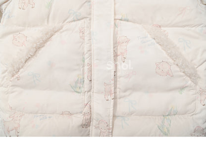 Cute Lamb Print White Hooded Down Jacket Short/Long Version