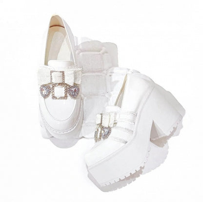 with Jirai Platform Matte Rhinestone Bow White 10cm Heart Loafers Kawaii Kei Heel