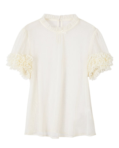 Cremefarbene, transparente Bluse mit Rüschenausschnitt und kurzen Ärmeln