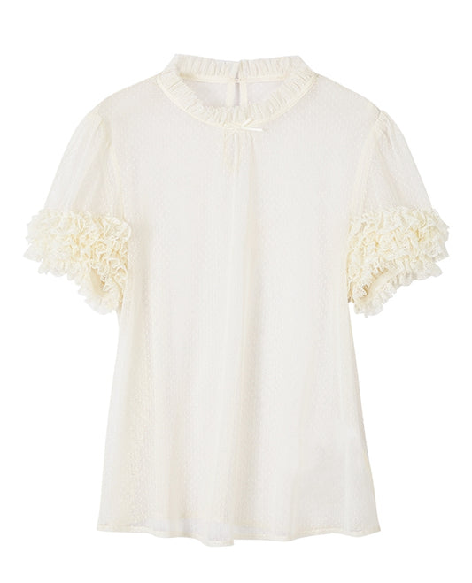 Cremefarbene, transparente Bluse mit Rüschenausschnitt und kurzen Ärmeln