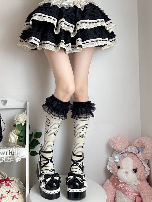 Musical Stockings Print Trim Notes Lace