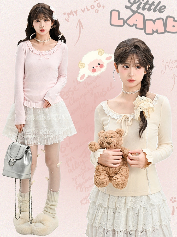 Apricot Lace Trim Long Sleeves Top Bowknot Details