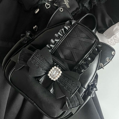 Schwarzer Kei-Rucksack mit Katzenohren und Perlen- und Strassschleife Jirai