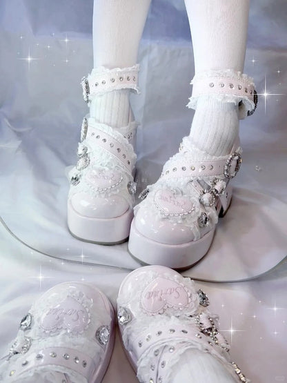 Rhinestone Decor Block Platform Heel with Heels: - Buckle Straps Kei Criss-Cross Pink Chunky Lace High Jirai