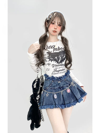 Y2K Vintage Dark Blue Distress Trim Denim Glamorous Skirt+Buckle Strap Plush Trim Leg Warmers