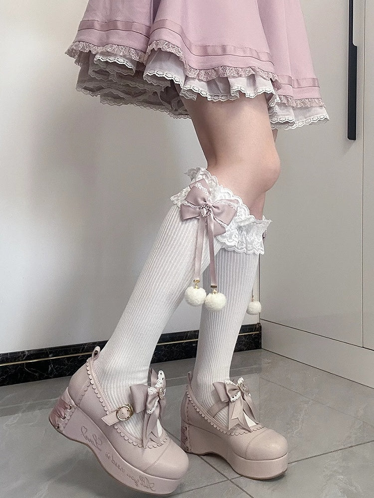 Jirai Kei Pompom Details Lace Cuffs Bowknots Underknee Stockings