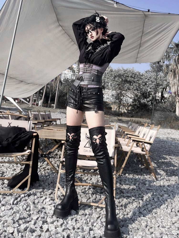 Matte Black Heart-shaped Cutout Detail Gothic Thigh-high Boots
