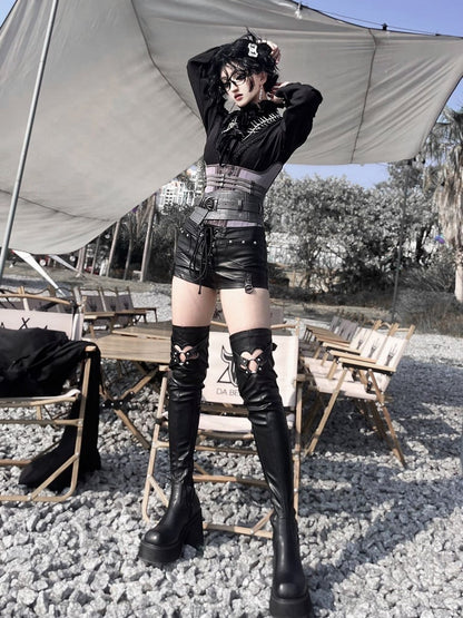 Matte Black Heart-shaped Cutout Detail Gothic Thigh-high Boots