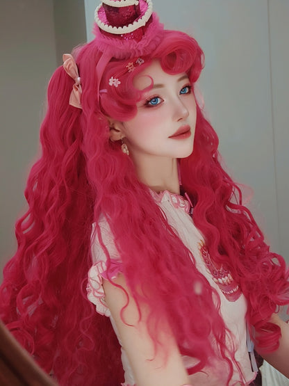 Dark Pink Curly Bangs Wavy  Synthetic Wig