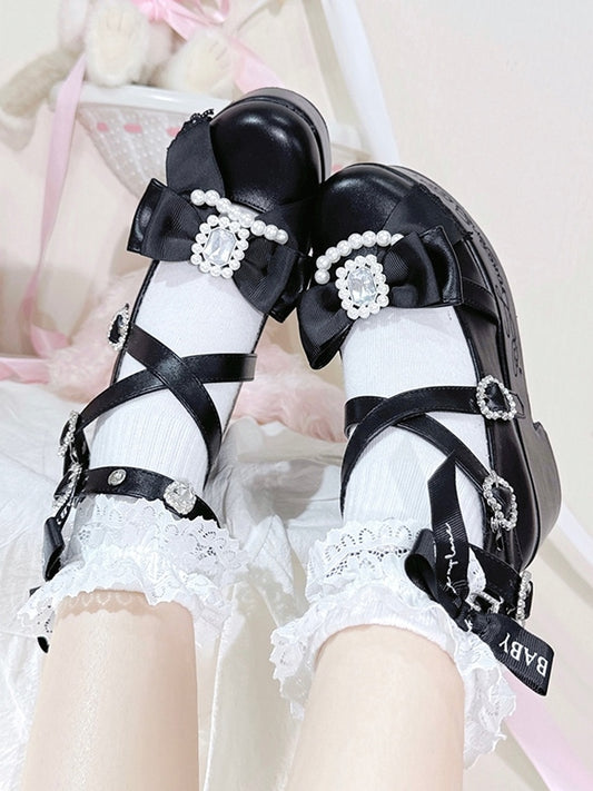 Bow And Beaded Rhinestone Block Kei High Jirai at Top Heels Platform Matte Decorated Black