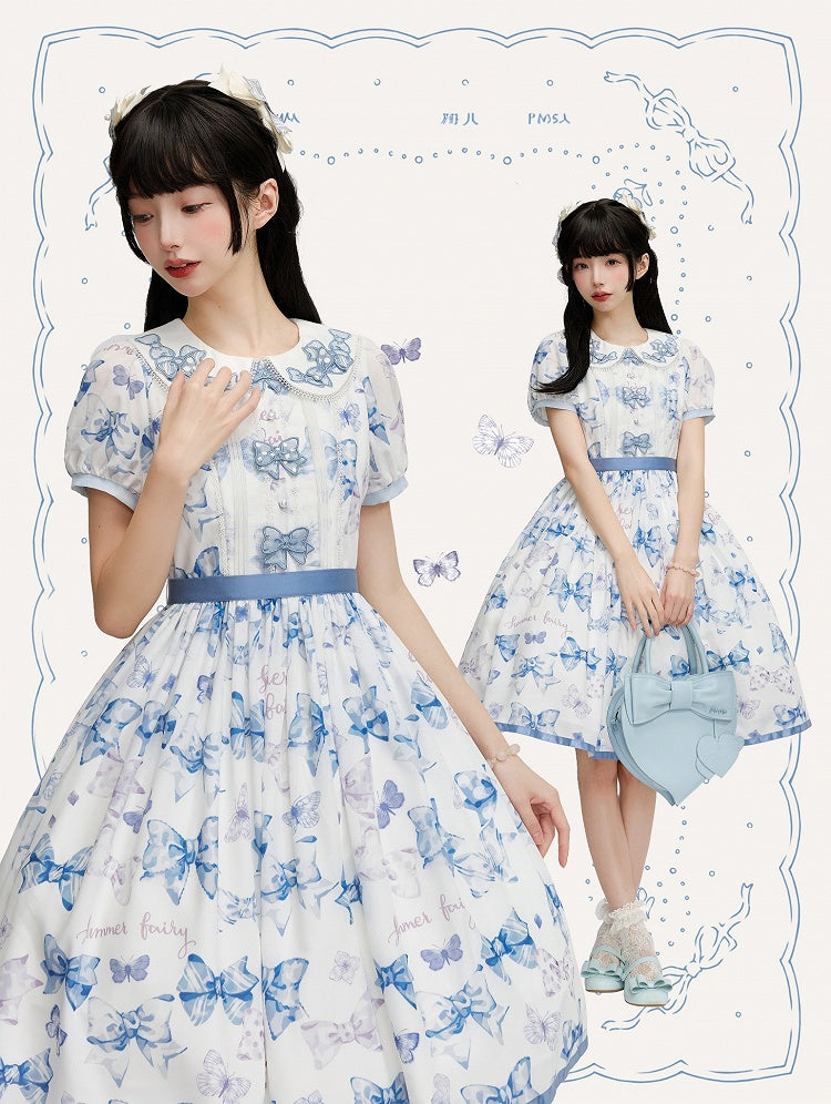 Robe Lolita bleue à col Peter Pan et nœud papillon, une pièce