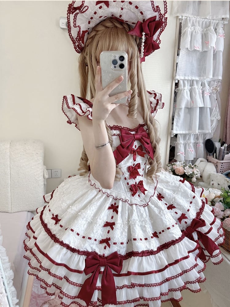 Ruffles Accents Skirt White Bow Jumper Tiered Princess Red Lolita