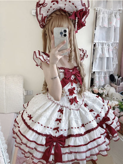 Ruffles Accents Skirt White Bow Jumper Tiered Princess Red Lolita