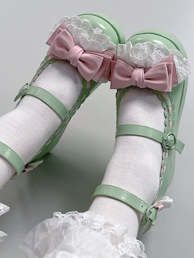Buckles Heart at Bow Green Trim Platforms Apple Top Lace