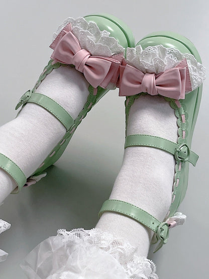 Buckles Heart at Bow Green Trim Platforms Apple Top Lace