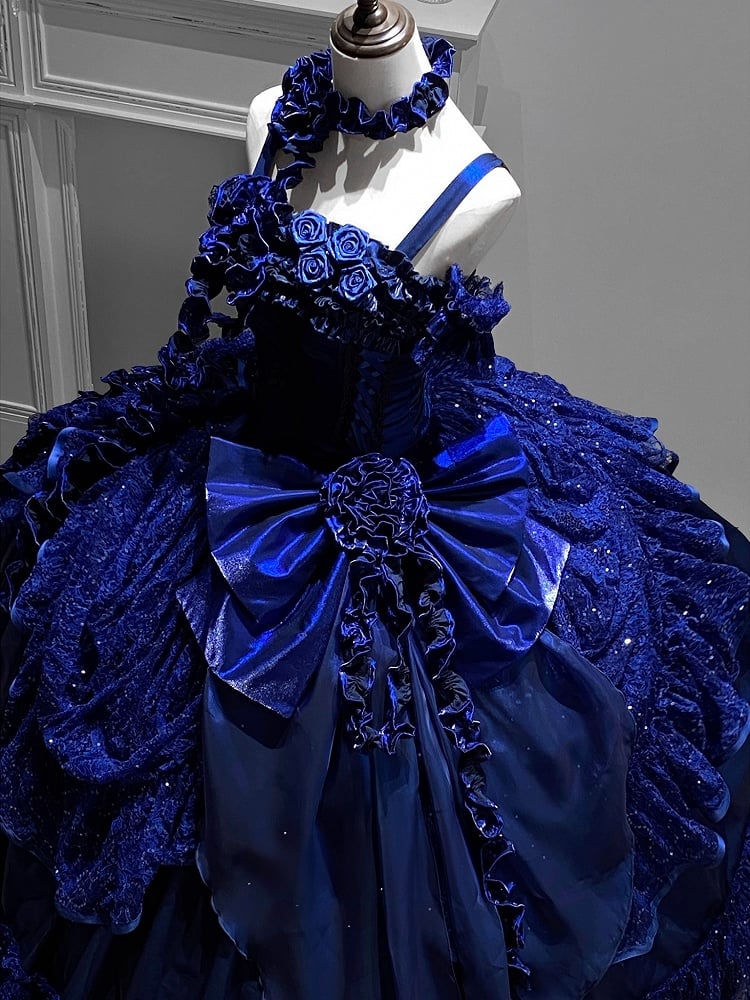 Starry Night Dark Blue Hanayome Roses Neckline Boned Bodice Floor Length Lolita Goth Dress Ball Gown