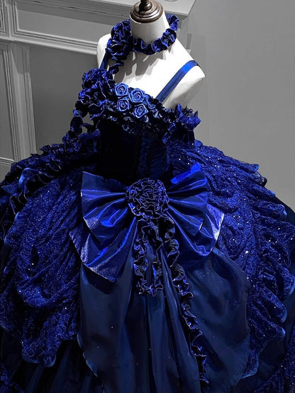 Starry Night Dark Blue Hanayome Roses Neckline Boned Bodice Floor Length Lolita Goth Dress Ball Gown