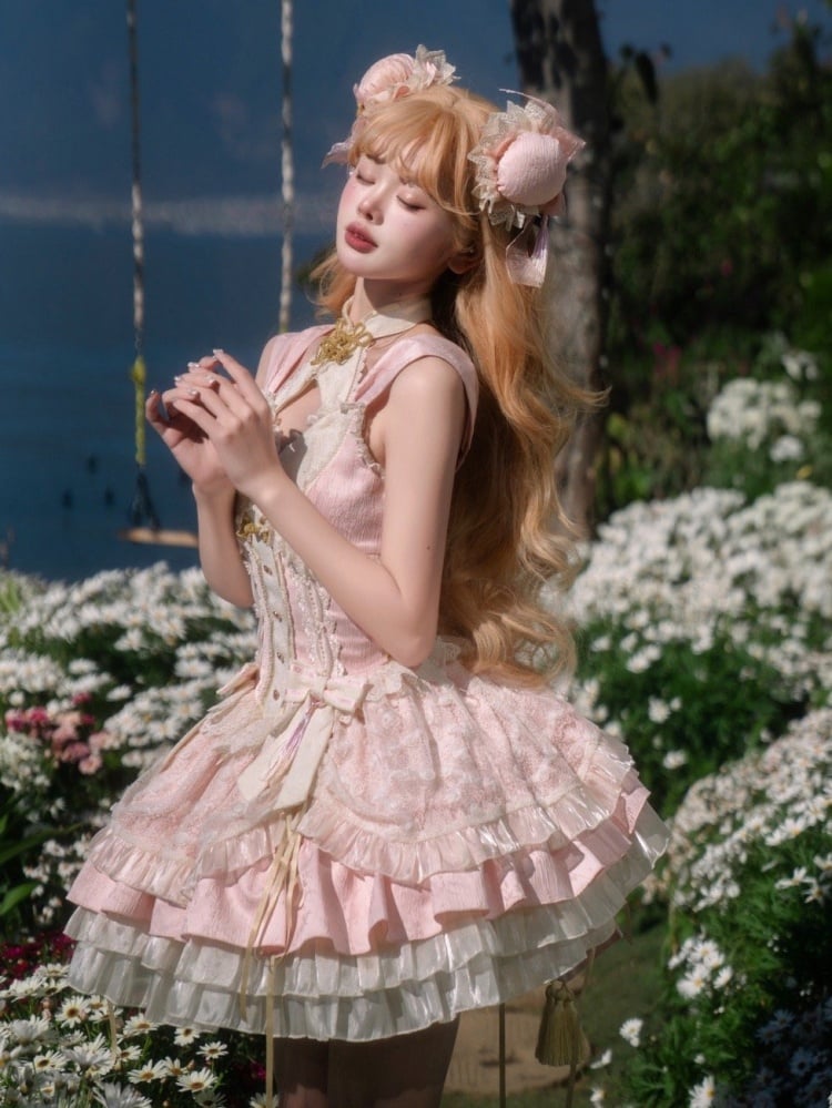 Sakura Pink Qi Lolita-Kleid mit Korsett-Taille und großer Schleife an der Taille