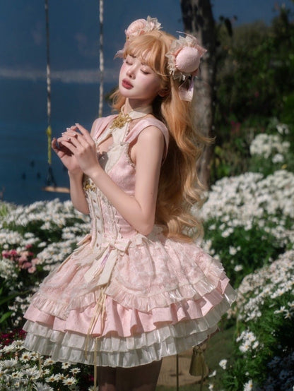 Robe Lolita Qi rose Sakura avec corset et gros nœud, tenue de festival des fleurs de cerisier
