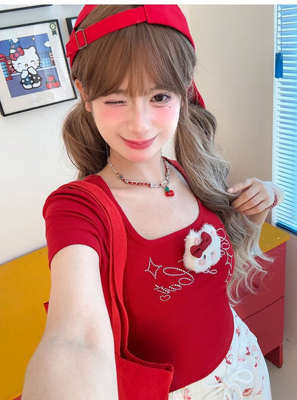 Details T-Shirt with Detachable Kitty Plushie Neck Rhinestone Red Square