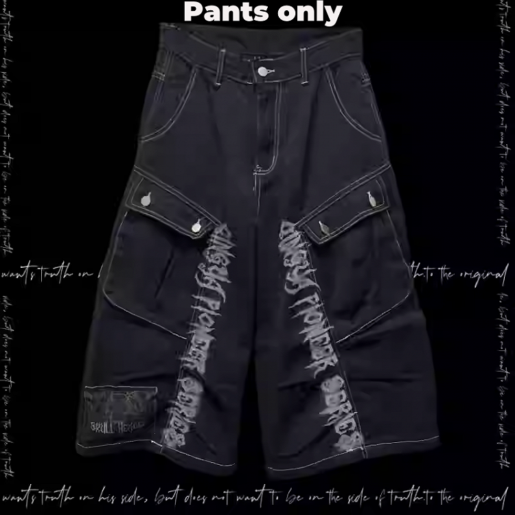 Jeans Black Punk Print Vintage Wide-Leg Cargo