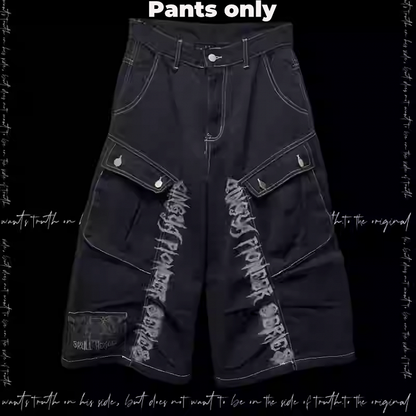 Jeans Black Punk Print Vintage Wide-Leg Cargo