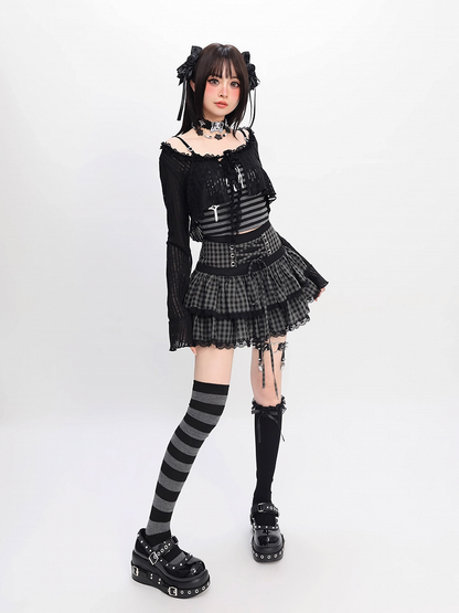 Self-tie Y2K Striped Cami Top with Black Cropped Coverup Set
