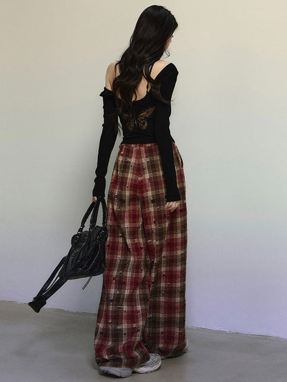 Red Zipper Straight Leg Cut Plaid Pants