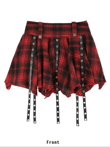 Mini Straps Red Skirt With Plaid Black Pleated Metal Punk Buckle