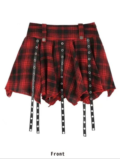 Red Apricot Top Straps With Skirt + Buckle Punk Print Pleated Metal Heart Black Plaid