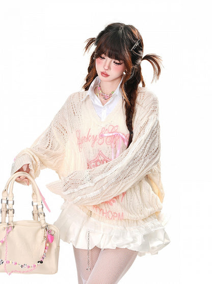 Apricot/Black Semi-sheer Polo Collar Sun Protection Hollow-out Top Faux