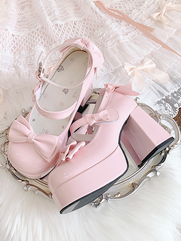 Pink Bowknot Platform High Block Heels Lolita Shoes