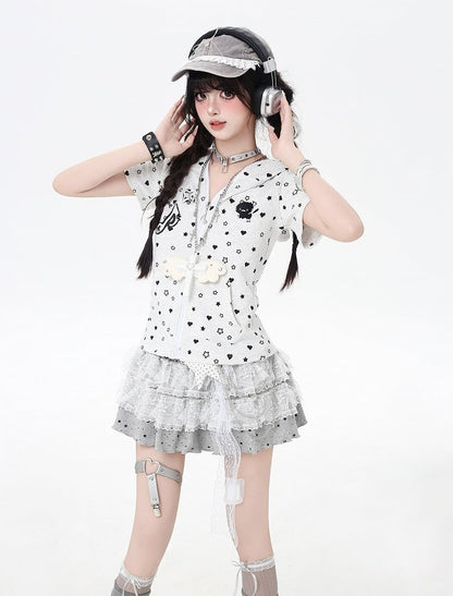 White/Black Y2K Star and Heart Print Zip-up Off Kitty Ears Hood Allover Jacket