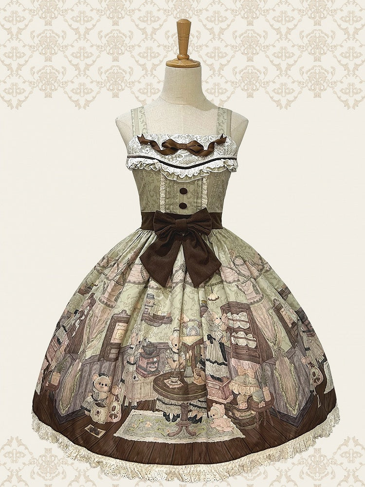Lolita Little Bear Coffee House Sweet Skirt Green Jumper Print