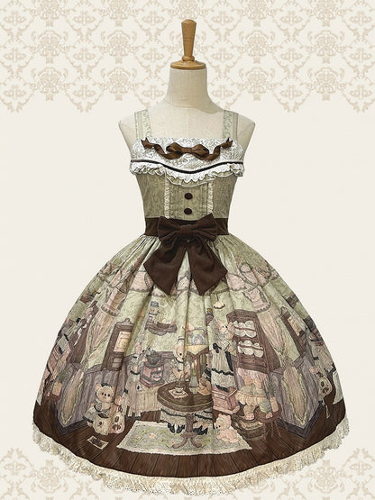 Lolita Little Bear Coffee House Sweet Skirt Green Jumper Print