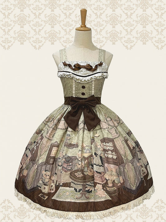 Lolita Little Bear Coffee House Sweet Skirt Green Jumper Print