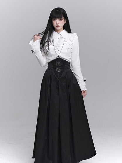 with Waist Accents Metal Ankle-Length Buckle Corset Black Embroidered Skirt Gothic