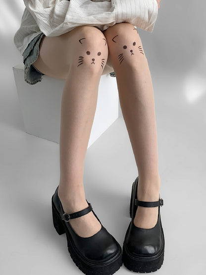 Cat Sheer Tights Nude Print