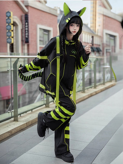 Black and Chartreuse Futuristic Cyber Fashion Techwear Outfit - Windbreaker Baggy Jacket + Shorts/Pants + Leg Warmers Full Set