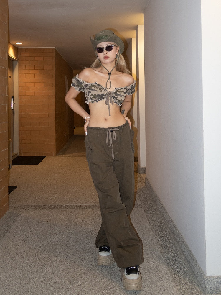 Light Camo Ruffled Trim Short Puff Sleeves Glamorous Cropped Strapless Top